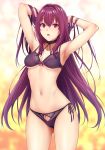  1girl armpits arms_behind_head arms_up bangs bare_shoulders blurry blurry_background bow bow_panties bra breasts cleavage fate/grand_order fate_(series) hair_intakes hands_in_hair hips long_hair looking_at_viewer medium_breasts navel open_mouth panties purple_bow purple_bra purple_hair purple_panties red_eyes scathach_(fate)_(all) scathach_(fate/grand_order) side-tie_panties solo thighs underwear zucchini 