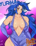  1girl abstract_background agawa_ryou blue_hair breasts bridal_gauntlets cleavage cocktail_dress curvy dress elbow_gloves eyeshadow gloves hand_on_hip large_breasts lipstick long_hair makeup muscle navel parted_lips skin_tight solo very_long_hair wide_hips yellow_eyes 