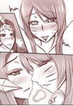  ahri blush breath collarbone embarrassed highres imminent_kiss kiss league_of_legends leona_(league_of_legends) long_hair looking_at_another monochrome multiple_girls nose_blush off_shoulder oldlim sepia slit_pupils tongue tongue_out yuri 