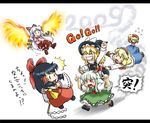  alice_margatroid black_hair blonde_hair bow capelet crossed_legs detached_sleeves ex-keine flying fujiwara_no_mokou gohei hair_bow hairband hakurei_reimu hat horn_ribbon horns hourai_doll kamishirasawa_keine kirisame_marisa long_hair multiple_girls open_mouth pants red_eyes ribbon short_hair smile takami_(manda) talisman touhou very_long_hair white_hair wings witch_hat 