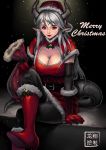  1girl belt black_legwear black_sleeves breasts christmas cleavage cleavage_cutout demon_horns detached_sleeves dress epic7 forehead_jewel fur_trim gloves hat highres horns large_breasts legs_crossed lips long_hair looking_at_viewer luna_(epic7) merry_christmas nose pointy_ears red_dress red_eyes red_gloves ribbon ryu_shou sack santa_costume santa_hat silver_hair sitting smile solo tail tail_ribbon thighhighs 