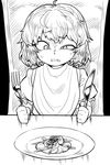  commentary fang food fork greyscale knife monochrome napkin no_hat no_headwear remilia_scarlet short_hair solo space_jin sweatdrop testicles touhou 