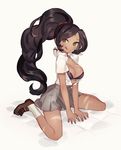  :q alternate_costume black_hair blush bra breasts cleavage dark_skin green_eyes grey_skirt gwayo large_breasts league_of_legends long_hair nidalee open_clothes open_shirt ponytail shirt shoes short_sleeves sitting skirt smile socks solo tongue tongue_out underwear white_shirt 