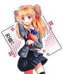  black_legwear book bow character_name gekkan_shoujo_nozaki-kun long_hair orange_hair polka_dot polka_dot_bow purple_eyes rouman_academy_uniform sakura_chiyo school_uniform solo thighhighs yumizya zettai_ryouiki 