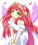  bare_shoulders blush bow breasts cleavage collarbone detached_sleeves dress feathered_wings green_eyes hair_ornament hair_tubes heart heart_hair_ornament long_hair medium_breasts multiple_wings open_mouth pink_bow puffy_short_sleeves puffy_sleeves purple_wings puzzle_&amp;_dragons red_hair sash short_sleeves simple_background smile solo tiara twintails venus_(p&amp;d) white_background white_dress wings yua_(togemaru) 