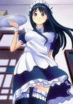  akiyama_mio alternate_costume black_hair enmaided from_below k-on! long_hair maid purple_eyes riochan solo thighhighs tray wrist_cuffs 