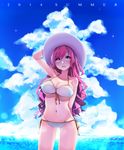  2014 bemani bikini breasts cleavage cloud day front-tie_top hand_on_headwear hat kayase large_breasts long_hair looking_at_viewer navel ocean open_mouth pink_eyes pink_hair rasis side-tie_bikini sky solo sound_voltex sparkle strap_gap summer sun_hat swimsuit thigh_gap water white_bikini 