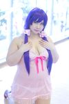  1girl asian breasts cleavage cosplay green_eyes large_breasts love_live!_school_idol_project photo plump purple_hair ribbon sakusan solo toujou_nozomi toujou_nozomi_(cosplay) twintails 
