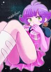  1girl bangs boots breasts dress earrings female_dandy green_eyes jewelry minskirt panties pixiv_manga_sample purple_hair short_dress short_hair space_dandy thighs underwear white_boots 