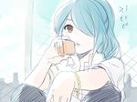  bad_id bad_pixiv_id blue_hair bracelet brown_eyes drinking hair_over_one_eye inazuma_eleven inazuma_eleven_(series) jewelry kazemaru_ichirouta long_hair male_focus ponytail sitting solo tomo_(sjim) 