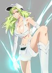  &gt;:) armpits bare_shoulders bleach bleach:_the_thousand-year_blood_war boots breasts candice_catnipp center_opening cleavage collarbone electricity gloves green_eyes green_hair grey_background grin hat large_breasts long_hair military military_hat military_uniform namakemono_(u446644k) navel sideboob simple_background smile solo stomach uniform v-shaped_eyebrows wandenreich 