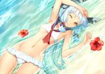 alternate_costume armpits bangs bikini blunt_bangs blush breasts dutch_angle flower hair_ribbon headgear hibiscus kantai_collection long_hair looking_at_viewer lying murakumo_(kantai_collection) navel one_eye_closed partially_submerged red_eyes ribbon shingo_(missing_link) short_eyebrows silver_hair small_breasts smile solo swimsuit underboob water wet 