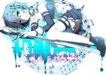  armband blue_hair cape character_name gloves hair_ornament hairclip lying magical_girl mahou_shoujo_madoka_magica mahou_shoujo_madoka_magica_movie miki_sayaka musical_note on_side short_hair solo staff_(music) sword thighhighs weapon zettai_ryouiki zgxuke 