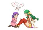  blue_eyes dress earrings feena_(grandia) grandia grandia_i green_eyes green_hair guang_yiren hair_ornament hair_tubes jewelry kneeling long_hair low-tied_long_hair multiple_girls purple_hair puui_(grandia) sitting skirt smile sue_(grandia) thighhighs white_background 