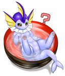  ? blush bowl eeveelution featureless_crotch female feral fuddy looking_at_viewer lying navel nintendo on_back pawpads paws plain_background pok&eacute;mon solo vaporeon video_games water wet white_background 