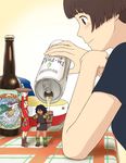  2girls alcohol arms_up arrietty basket beer beer_can boots bottle brown_hair can company_connection crossover dress facepaint gake_no_ue_no_ponyo highres jas karigurashi_no_arrietty kaze_no_tani_no_nausicaa lisa_(ponyo) miniboy minigirl multiple_girls ponytail pouch shirt spiller studio_ghibli t-shirt tablecloth 