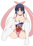  1girl angry bare_shoulders black_hair blush breasts choker cleavage detached_sleeves female ginjyasei hair_ribbon headband looking_at_viewer medium_breasts momo_kyun_sword momoko_(momokyun) panties ponytail purple_eyes ribbon solo thighhighs torn_clothes underwear 