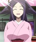  :d ^_^ blurry breasts closed_eyes depth_of_field flipped_hair happy highres japanese_clothes kimono large_breasts light_rays long_hair long_sleeves mushibugyou non-web_source obi oharu_(mushibugyou) open_mouth purple_hair sash screencap smile solo sunbeam sunlight upper_body 
