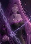  blurry breasts chain cleavage collar depth_of_field detached_sleeves dress facial_mark fate/stay_night fate_(series) forehead_mark glowing glowing_eyes hei_tong_shi highres large_breasts long_hair nameless_dagger petals purple_hair rider solo 