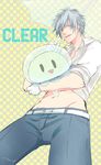  bad_id bad_pixiv_id belt clear_(dramatical_murder) dramatical_murder er_kobe gloves male_focus navel pink_eyes silver_hair smile solo stuffed_toy umbrella 