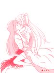  akemi_homura akuma_homura annyamagica bare_shoulders black_hair blush bow closed_eyes clothes_down dress hair_bow hairband hand_on_another's_head hug kaname_madoka kiss long_hair mahou_shoujo_madoka_magica mahou_shoujo_madoka_magica_movie monochrome multiple_girls nude simple_background spoilers thighhighs two_side_up ultimate_madoka white_dress yuri zettai_ryouiki 