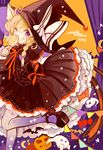  animal_ears azuma_aya bat blonde_hair bow candy cat_ears food ghost grin halloween hat hat_bow kirisame_marisa mary_janes one_eye_closed purple_eyes sash shoes smile solo touhou witch_hat 