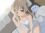  abukuma_(kantai_collection) bed blonde_hair blue_eyes curtains flat_chest from_above kantai_collection long_hair nightgown on_bed one_eye_closed pillow rubbing_eyes sleepy solo waking_up wara_(warapro) window 