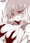  1girl blue_eyes blush breast_grab breasts breath full-face_blush grabbing hair_ornament hairclip hamakaze_(kantai_collection) hetero kantai_collection large_breasts monochrome short_hair solo_focus spot_color suzune_rena torn_clothes twitter_username 