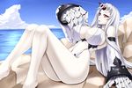  barefoot breasts center_opening cleavage cloud day detached_sleeves horn kantai_collection large_breasts legs long_hair long_legs looking_at_viewer lying ocean pale_skin red_eyes ribbed_bikini seaport_hime shinkaisei-kan shuugetsu_karasu sideboob sky solo thighs white_hair 
