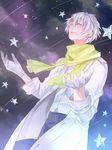  clear_(dramatical_murder) dramatical_murder gloves highres male_focus me_yoru mole pink_eyes scarf shooting_star smile solo star star_(sky) white_hair 