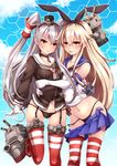  :3 aata1007 amatsukaze_(kantai_collection) black_panties blonde_hair blue_skirt blush choker elbow_gloves garter_straps gloves hairband highres hug kantai_collection long_hair looking_at_viewer multiple_girls o_o open_mouth panties red_legwear rensouhou-chan rensouhou-kun school_uniform serafuku shimakaze_(kantai_collection) silver_hair single_glove skirt smile striped striped_legwear thighhighs underwear wardrobe_malfunction white_gloves yellow_eyes 