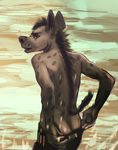  anthro black_nose butt clothing hair hyena male mammal open_mouth pants solo spots tacklebox topless undressing 