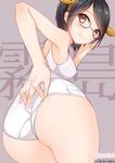  ass black_hair blush brown_eyes dated glasses hairband kantai_collection kirishima_(kantai_collection) looking_at_viewer one-piece_swimsuit school_swimsuit short_hair solo swimsuit white_swimsuit yadapot 