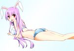  animal_ears ass back bare_shoulders bikini blush breasts bunny_ears frilled_bikini frills gradient gradient_background large_breasts long_hair looking_back lying on_floor open_mouth purple_hair red_eyes reisen_udongein_inaba solo surprised swimsuit touhou very_long_hair yukina_(masyumaro610) 