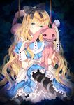  alice_(wonderland) alice_in_wonderland apron blonde_hair blue_eyes blush bow domotolain dress hair_bow long_hair noose pantyhose rope shadow solo striped striped_legwear stuffed_animal stuffed_bunny stuffed_toy very_long_hair 