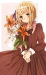  aqua_eyes axis_powers_hetalia black_bow blonde_hair blush bow dress flower frills heart holding holding_flower liechtenstein_(hetalia) long_sleeves ninonuko outline personification red_bow red_dress short_hair smile solo striped striped_bow striped_dress text_focus twitter_username white_bow wrist_cuffs 