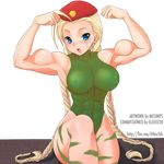  abs ahoge beret blue_eyes braid breasts cammy_white camouflage covered_nipples eyebrows flexing green_leotard hat highres huge_ahoge large_breasts leotard long_hair missnips muscle muscular_female pose scar sitting skin_tight solo street_fighter transparent_background twin_braids watermark web_address 