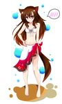  amatsuki_rei animal_ears bad_id bad_pixiv_id bare_shoulders barefoot bikini blush breasts brown_hair embarrassed fang fingernails imaizumi_kagerou long_hair midriff navel open_mouth red_eyes small_breasts solo speech_bubble swimsuit tail touhou wolf_ears wolf_tail 