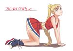  all_fours blonde_hair blue_eyes breasts character_name cheerleader curry_(dbt) dorothy_catalonia eyebrows forked_eyebrows gundam gundam_wing legs light_smile long_hair looking_at_viewer medium_breasts midriff ponytail solo thighs very_long_hair 