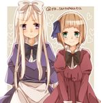  apron aqua_eyes arms_behind_back axis_powers_hetalia belarus_(hetalia) black_bow blonde_hair blue_bow blush bow buttons dress frown hair_bow heart liechtenstein_(hetalia) long_hair long_sleeves looking_at_another multiple_girls ninonuko personification petticoat puffy_long_sleeves puffy_sleeves purple_dress purple_eyes red_dress short_hair smile striped text_focus twitter_username white_bow 