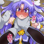  1girl angry arm_warmers asphyxiation blue_background boots cum cum_in_pussy cure_fortune ejaculation happinesscharge_precure! high_heel_boots high_heels hikawa_iona kabuki-man long_hair magical_girl one_eye_closed precure purple_eyes purple_hair purple_skirt skirt translation_request very_long_hair white_legwear 