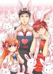  2boys animal_ears apron blue_ribbon bow bunny earrings eriyama fake_animal_ears gekkan_shoujo_nozaki-kun hair_ornament jewelry mikoshiba_mikoto multiple_boys necktie nozaki_umetarou orange_hair paw_pose polka_dot polka_dot_bow purple_eyes red_eyes red_hair ribbon sakura_chiyo tanuki 