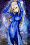  arms_up blonde_hair blue_eyes bodysuit breasts long_hair metroid mole navel nintendo pon ponytail samus_aran space 