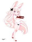  :&lt; animal_ears born-to-die bow bunny_ears buruma gym_uniform long_hair original outstretched_arms pink_eyes pink_hair shirt solo t-shirt tail very_long_hair 