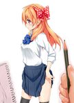  akata_itsuki black_legwear blush bow breasts gekkan_shoujo_nozaki-kun hair_bow long_hair medium_breasts notebook orange_hair panties pencil polka_dot polka_dot_bow profile purple_eyes rouman_academy_uniform sakura_chiyo school_uniform solo_focus thighhighs underwear undressing 