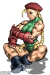  abs absurdres beret blonde_hair blue_eyes boots braid breasts cammy_white camouflage collaboration colorized elee0228 fingerless_gloves full_body gloves green_leotard hat highres leotard long_hair medium_breasts muscle muscular_female pokkuti profile scar single_braid sitting sleeveless solo street_fighter 