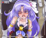  1girl angry arm_warmers blue_background boots cum cum_in_mouth cure_fortune facial fellatio happinesscharge_precure! high_heel_boots high_heels hikawa_iona kabuki-man long_hair magical_girl one_eye_closed open_mouth oral orgasm precure purple_eyes purple_hair purple_skirt rape skirt thigh_boots thighhighs tongue translation_request very_long_hair white_legwear 