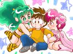  1boy 2girls angry bikini brown_hair chibi ebike elle_de_rosenbach green_eyes green_hair horns lum moroboshi_ataru multiple_girls pink_eyes pink_hair swimsuit urusei_yatsura urusei_yatsura_only_you 