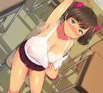  arm_up armpits blush breasts brown_hair chair cleavage collarbone covered_nipples dutch_angle green_eyes large_breasts looking_at_viewer miniskirt moshimo_class_no_kyonyuu_bitch-tachi_ni_ecchi_wo_motomeraretara nipples ookami_shoujo_dan pleated_skirt scrunchie see-through shirt_pull short_hair short_twintails skirt smile solo sweat table tan tank_top tanline twintails wristband 