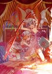  arms_up bare_arms bat_wings bed biiji blonde_hair bow cake candy dress flandre_scarlet flat_chest food fork frilled_dress frills hug multiple_girls nipples open_mouth pillow purple_hair red_eyes remilia_scarlet short_hair siblings sisters spear_the_gungnir thighhighs touhou weapon wings wrist_cuffs 